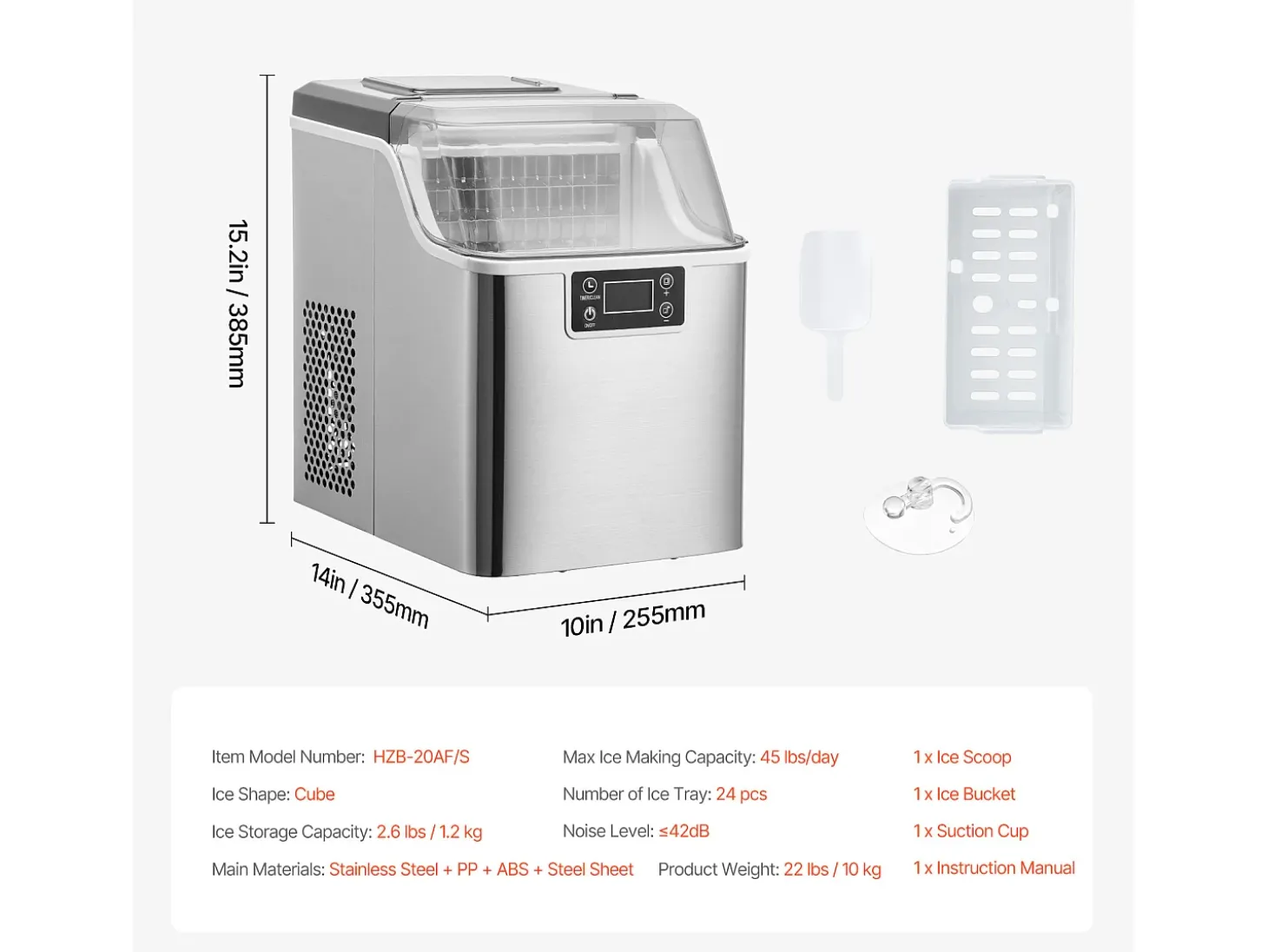 Máquina De Gelo De Bancada SucceBuy, 20.41 kg De Gelo Em 24 Horas, Autolimpante, Com Pá E Cesto