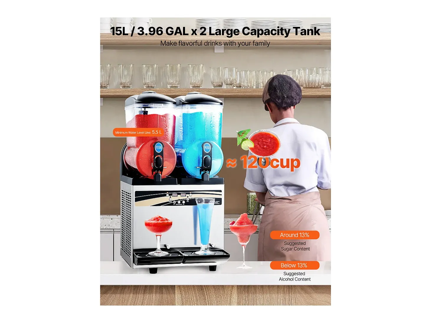 Máquina de Granito SucceBuy, 2 Reservatórios de 15 L, Aço Inoxidável, Distribuidor de Bebidas Geladas, para Casa, Restaurantes, Cafés, Bares