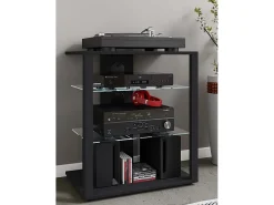 Móveis de madeira VCM Hifi | Armário de rack Prateleira Phono | 2 Pavimentos de vidro | Dimensões: A. 70 x L. 60 x P. 41 cm | Phono Mediaregal - Folas (Preto)