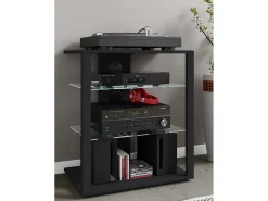 Móveis de madeira VCM Hifi | Armário de rack Prateleira Phono | 2 Pavimentos de vidro | Dimensões: A. 70 x L. 60 x P. 41 cm | Phono Mediaregal - Folas (Preto)