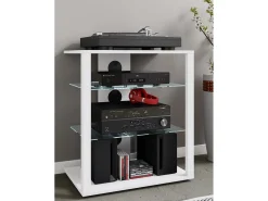 Móveis de madeira VCM Hifi | Armário de rack Prateleira Phono | 2 Pavimentos de vidro | Dimensões: A. 70 x L. 60 x P. 41 cm | Phono Mediaregal - Folas (Branco)