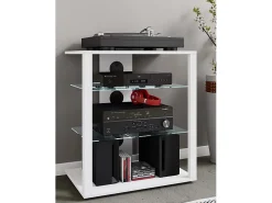 Móveis de madeira VCM Hifi | Armário de rack Prateleira Phono | 2 Pavimentos de vidro | Dimensões: A. 70 x L. 60 x P. 41 cm | Phono Mediaregal - Folas (Branco)
