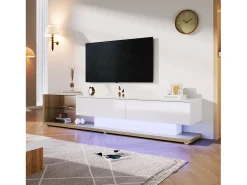 Móveis de TV com 2 gavetas e prateleiras de vidro - 170 x 36 x 38 cm - LEDs - Aglomerado - Branco + natural