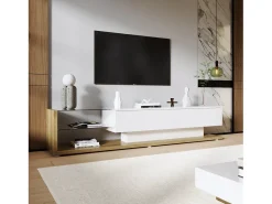 Móveis de TV com 2 gavetas e prateleiras de vidro - 170 x 36 x 38 cm - LEDs - Aglomerado - Branco + natural