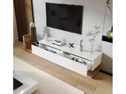 Móveis de TV com 2 gavetas e prateleiras de vidro - 170 x 36 x 38 cm - LEDs - Aglomerado - Branco + natural