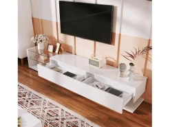 Móveis de TV com 2 gavetas e prateleiras de vidro - 170 x 36 x 38 cm - LEDs - Aglomerado - Branco