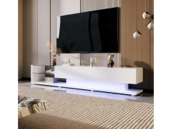 Móveis de TV com 2 gavetas e prateleiras de vidro - 170 x 36 x 38 cm - LEDs - Aglomerado - Branco
