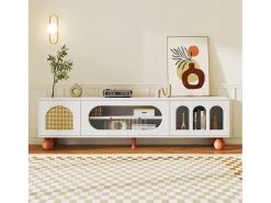 Móveis de TV com 4 portas de vime e vidro - 170 x 37 x 47 cm - aglomerado e pés de madeira maciça - branco