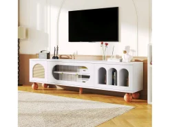 Móveis de TV com 4 portas de vime e vidro - 170 x 37 x 47 cm - aglomerado e pés de madeira maciça - branco