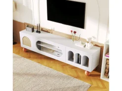 Móveis de TV com 4 portas de vime e vidro - 170 x 37 x 47 cm - aglomerado e pés de madeira maciça - branco