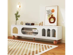 Móveis de TV com 4 portas de vime e vidro - 170 x 37 x 47 cm - aglomerado e pés de madeira maciça - branco