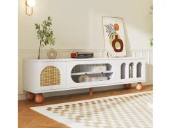 Móveis de TV com 4 portas de vime e vidro - 170 x 37 x 47 cm - aglomerado e pés de madeira maciça - branco