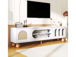 Móveis de TV com 4 portas de vime e vidro - 170 x 37 x 47 cm - aglomerado e pés de madeira maciça - branco
