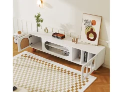 Móveis de TV com 4 portas de vime e vidro - 170 x 37 x 47 cm - aglomerado e pés de madeira maciça - branco