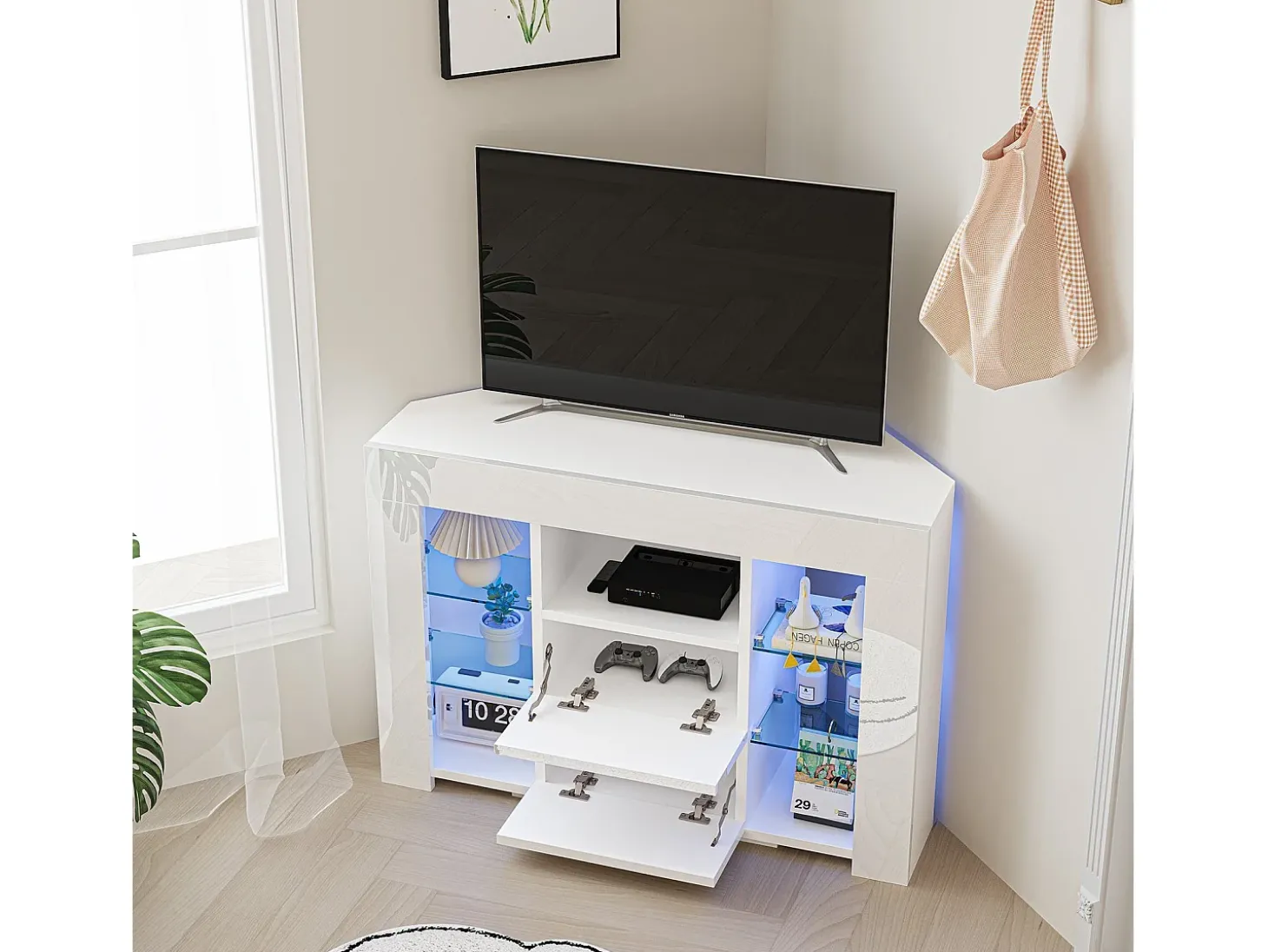 Móveis de TV de ângulo moderno com luz LED, bancada de TV branca moderna, 9 compartimentos, móveis de sala de estar 100x40x68cm