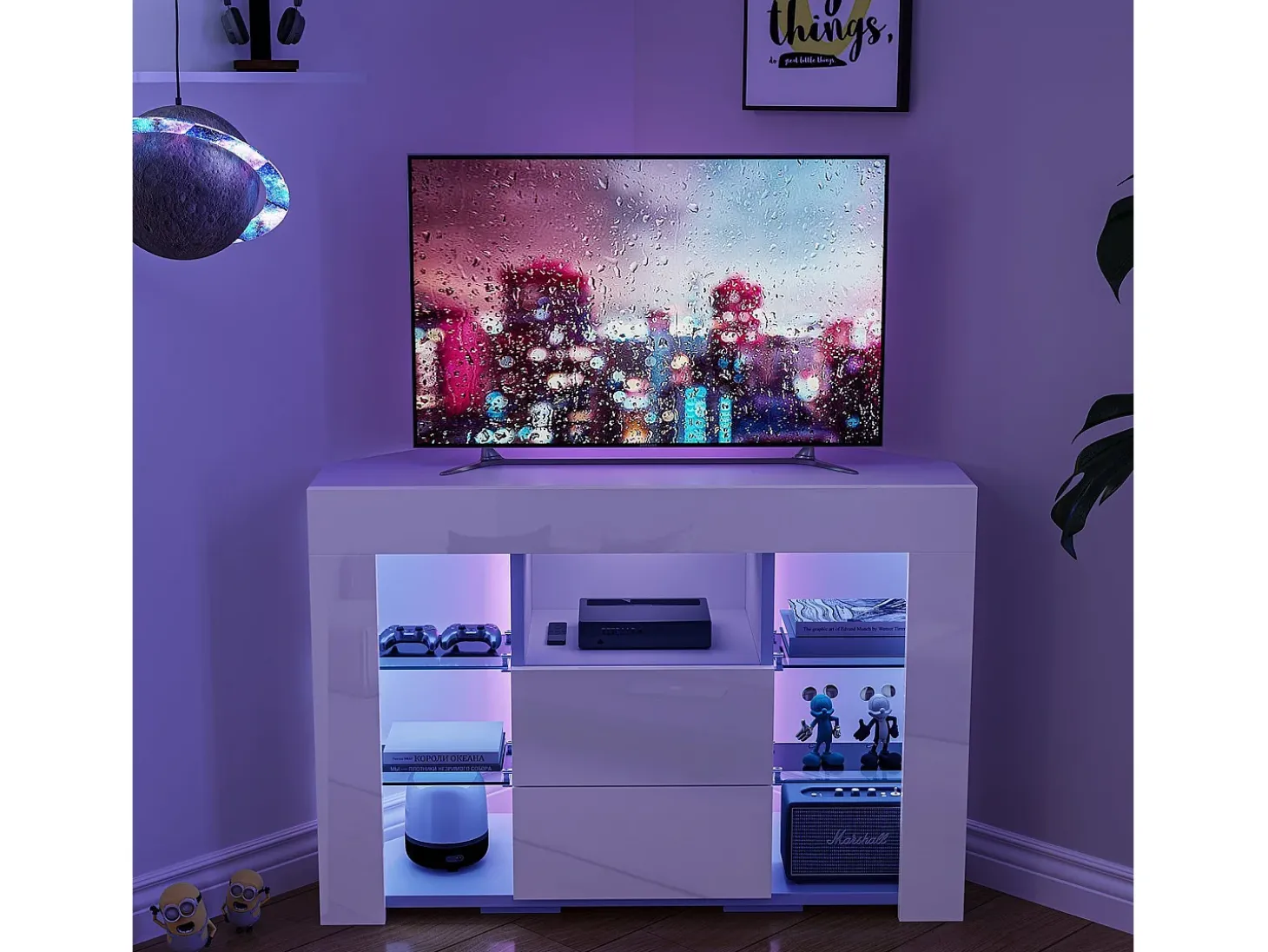 Móveis de TV de ângulo moderno com luz LED, bancada de TV branca moderna, 9 compartimentos, móveis de sala de estar 100x40x68cm