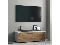 Móveis de TV VCM | Lowboard | Armário de TV com porta dobrável larga | Dimensões A. 39 x L. 115 x P. 40 cm | Fernseh Furniture – Arila M (White / Honey Oak)