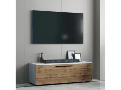 Móveis de TV VCM | Lowboard | Armário de TV com porta dobrável larga | Dimensões A. 39 x L. 115 x P. 40 cm | Fernseh Furniture – Arila M (White / Honey Oak)