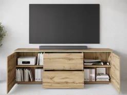 Móvel baixo de TV moderno 180 cm com LED – móvel alto fosco com gavetas e prateleiras, carvalho wotan