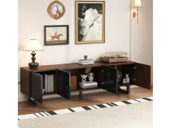 Móvel baixo para TV com 4 portas - 180 x 38 x 50 cm - design exclusivo - aparência de madeira envelhecida - MDF - acabamento preto + natural
