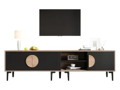 Móvel baixo para TV para sala de estar - 180 x 35 x 49 cm - com 3 portas + prateleiras abertas - para TV de 80 polegadas - aglomerado - preto