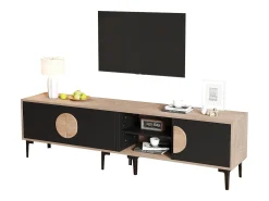 Móvel baixo para TV para sala de estar - 180 x 35 x 49 cm - com 3 portas + prateleiras abertas - para TV de 80 polegadas - aglomerado - preto