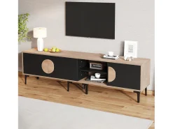 Móvel baixo para TV para sala de estar - 180 x 35 x 49 cm - com 3 portas + prateleiras abertas - para TV de 80 polegadas - aglomerado - preto