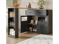 Móvel bar extensível - 138-204 x 39 x 104 cm - Mesa de jantar giratória 360° - com 2 portas + 2 gavetas - MDF - preto