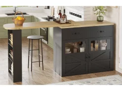 Móvel bar extensível - 138-204 x 39 x 104 cm - Mesa de jantar giratória 360° - com 2 portas + 2 gavetas - MDF - preto