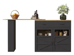 Móvel bar extensível - 138-204 x 39 x 104 cm - Mesa de jantar giratória 360° - com 2 portas + 2 gavetas - MDF - preto