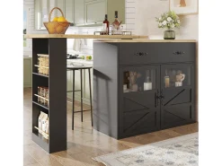 Móvel bar extensível - 138-204 x 39 x 104 cm - Mesa de jantar giratória 360° - com 2 portas + 2 gavetas - MDF - preto