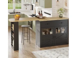 Móvel bar extensível - 138-204 x 39 x 104 cm - Mesa de jantar giratória 360° - com 2 portas + 2 gavetas - MDF - preto