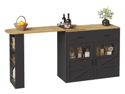 Móvel bar extensível - 138-204 x 39 x 104 cm - Mesa de jantar giratória 360° - com 2 portas + 2 gavetas - MDF - preto
