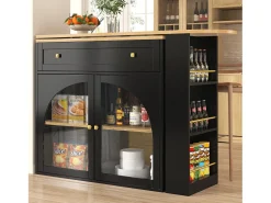 Móvel bar extensível - 138-204 x 39 x 104 cm - Mesa de jantar giratória 360° - com 2 portas + 2 gavetas - MDF - preto