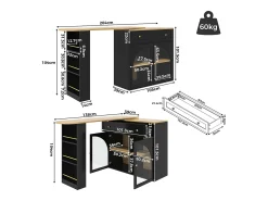 Móvel bar extensível - 138-204 x 39 x 104 cm - Mesa de jantar giratória 360° - com 2 portas + 2 gavetas - MDF - preto