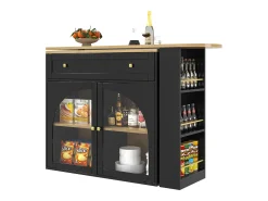 Móvel bar extensível - 138-204 x 39 x 104 cm - Mesa de jantar giratória 360° - com 2 portas + 2 gavetas - MDF - preto