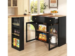 Móvel bar extensível - 138-204 x 39 x 104 cm - Mesa de jantar giratória 360° - com 2 portas + 2 gavetas - MDF - preto