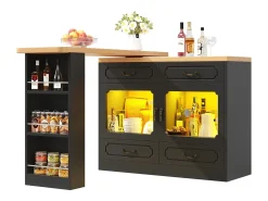Móvel bar extensível - 135/203 x 39 x 92,8 cm - mesa giratória com LEDs + 4 gavetas - MDF - preto