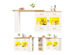 Móvel bar extensível - 135/203 x 39 x 92,8 cm - mesa giratória com LEDs + 4 gavetas - MDF - branco