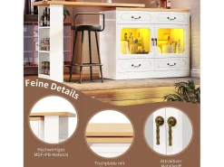 Móvel bar extensível - 135/203 x 39 x 92,8 cm - mesa giratória com LEDs + 4 gavetas - MDF - branco