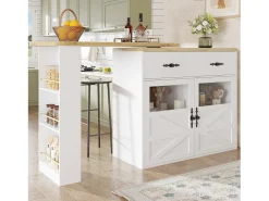 Móvel bar extensível - 138-204 x 39 x 104 cm - Mesa de jantar giratória 360° - com 2 portas + 1 gaveta - MDF - branco