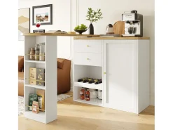 Móvel bar giratório 360° - 204 x 39 x 104 cm - com 2 gavetas + armário com portas - MDF - branco