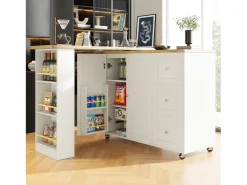 Móvel bar giratório - 2 portas, 2 gavetas e prateleiras de arrumação - 138/209 x 39 x 104 cm - Madeira MDF e vidro - Branco + natural