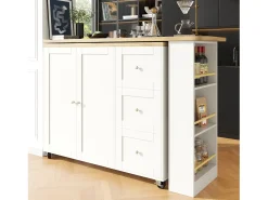 Móvel bar giratório - 2 portas, 2 gavetas e prateleiras de arrumação - 138/209 x 39 x 104 cm - Madeira MDF e vidro - Branco + natural
