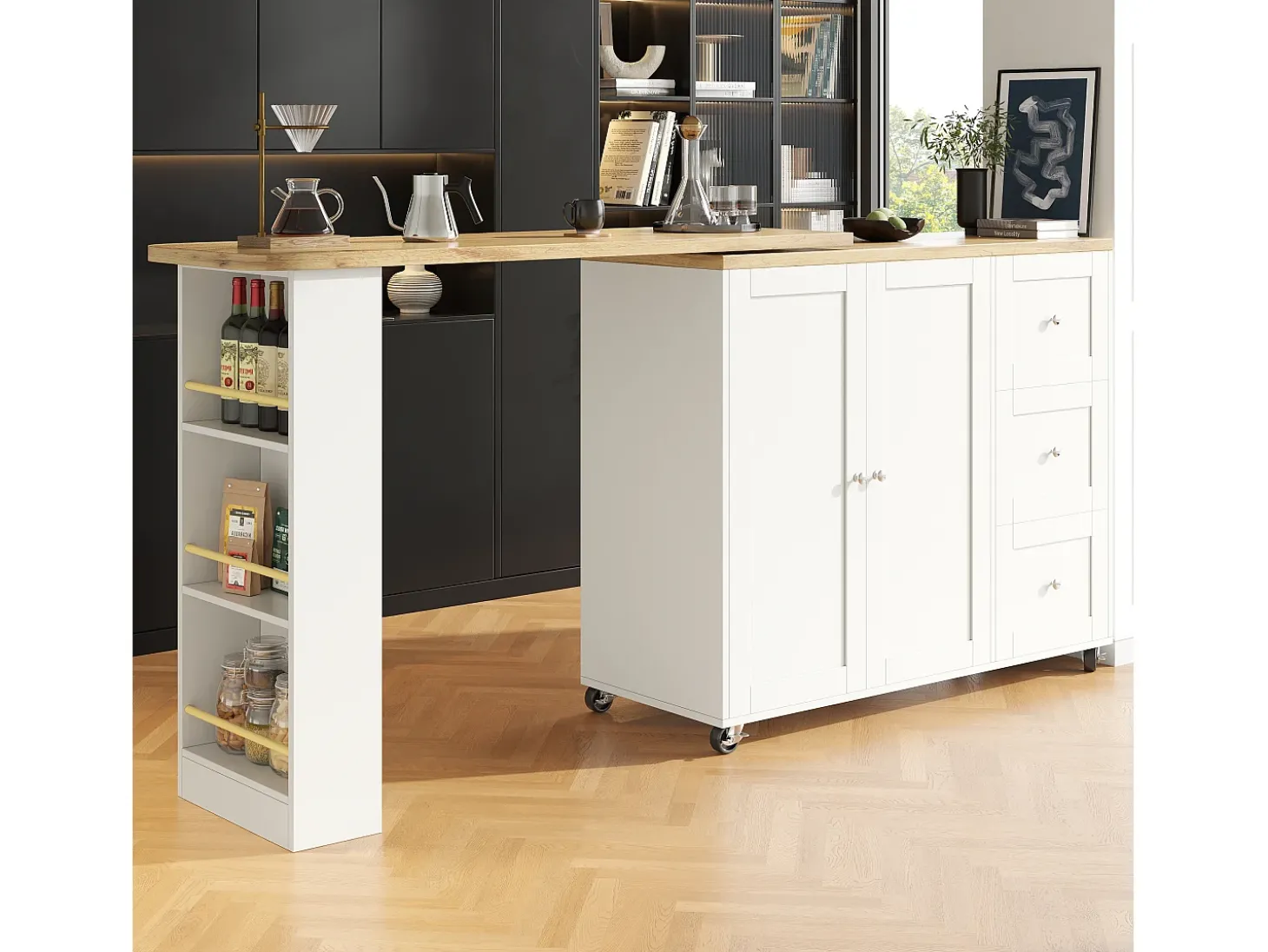 Móvel bar giratório - 2 portas, 2 gavetas e prateleiras de arrumação - 138/209 x 39 x 104 cm - Madeira MDF e vidro - Branco + natural