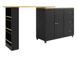 Móvel bar giratório - 2 portas, 2 gavetas e prateleiras de arrumação - 138/209 x 39 x 104 cm - Madeira MDF e vidro - Preto + natural