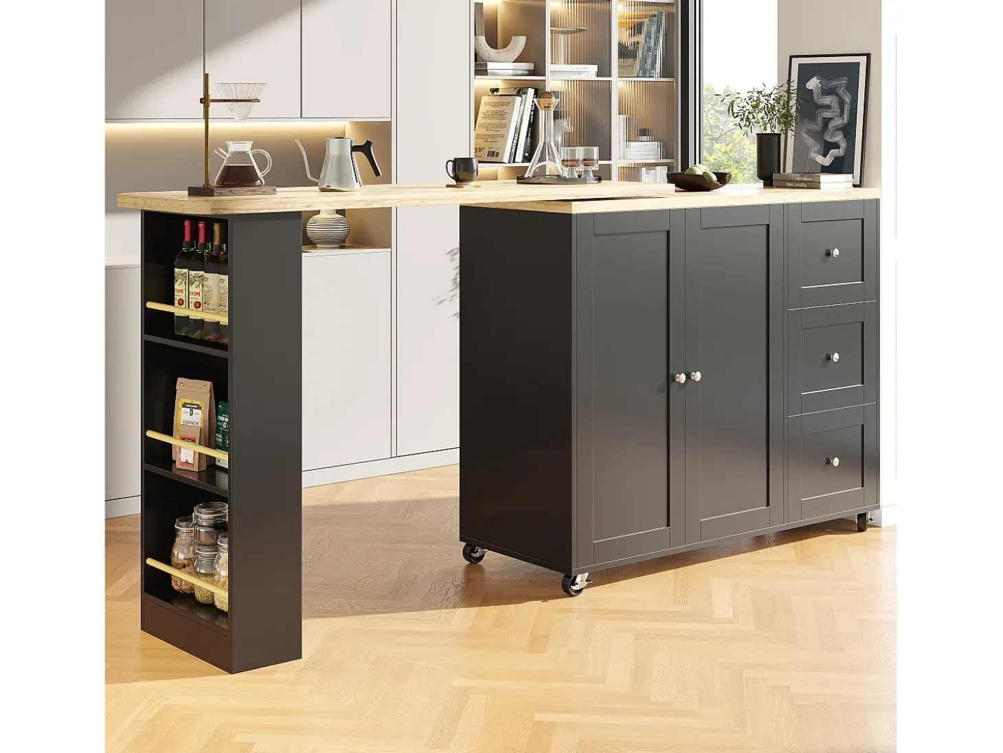 Móvel bar giratório - 2 portas, 2 gavetas e prateleiras de arrumação - 138/209 x 39 x 104 cm - Madeira MDF e vidro - Preto + natural