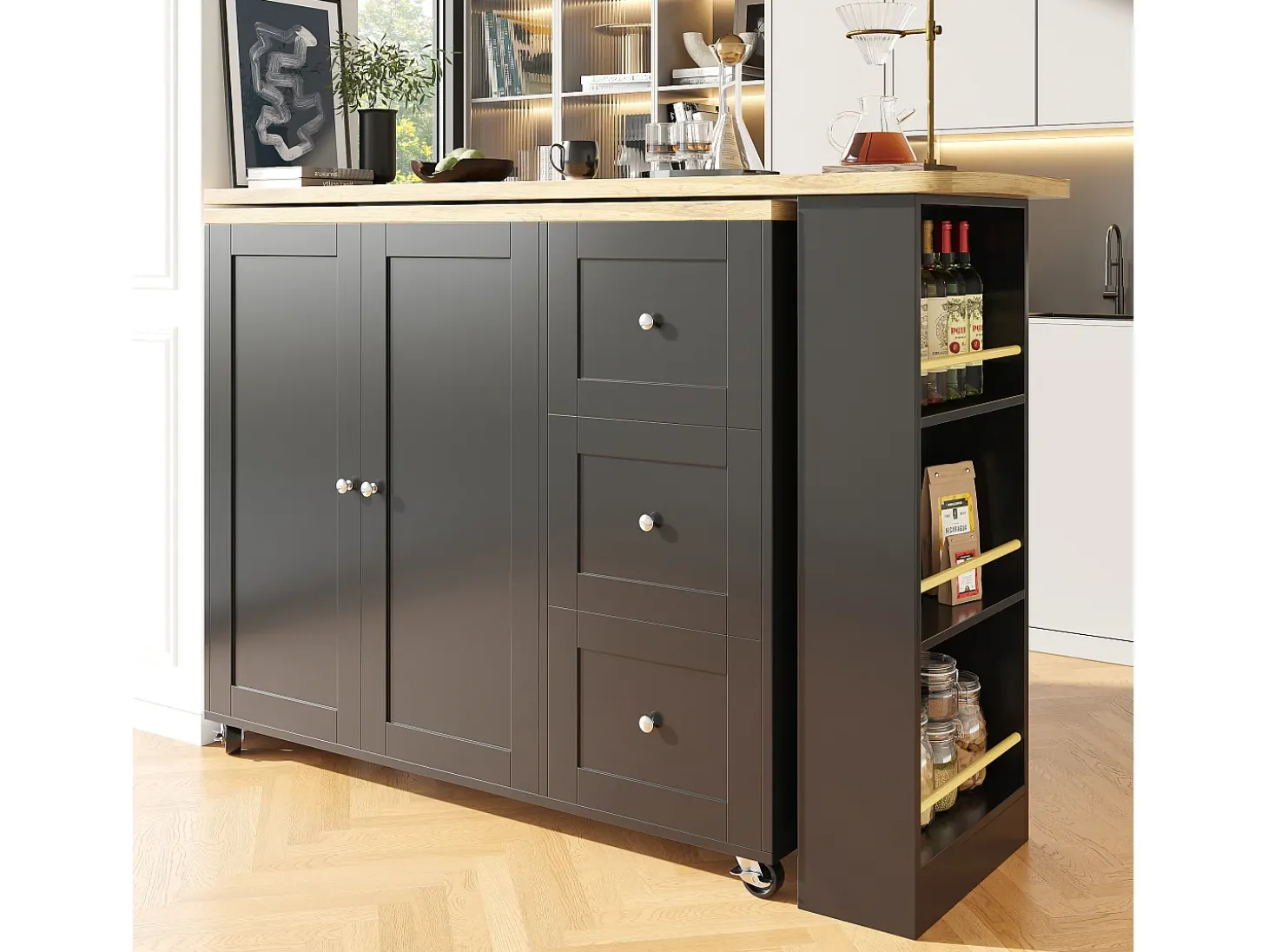 Móvel bar giratório - 2 portas, 2 gavetas e prateleiras de arrumação - 138/209 x 39 x 104 cm - Madeira MDF e vidro - Preto + natural