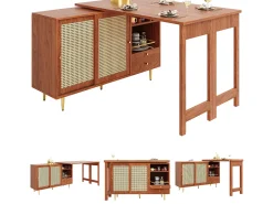 Móvel bar giratório - 2 portas, gavetas e prateleiras de arrumação - Efeito MDF e rattan - Castanho