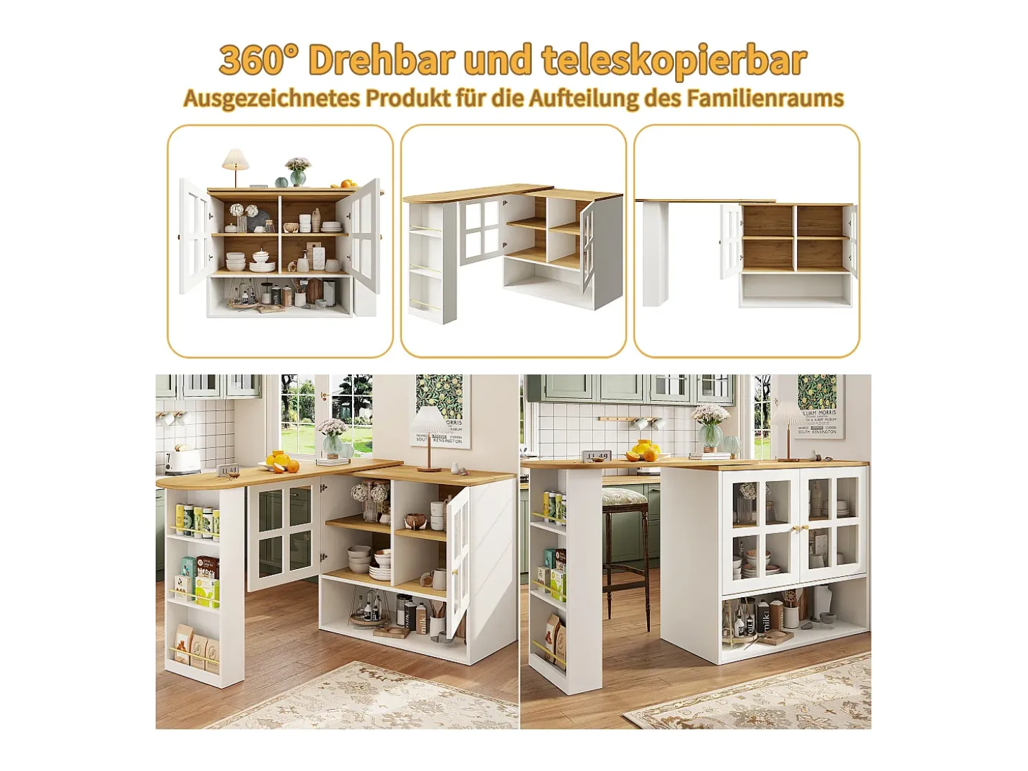 Móvel bar giratório - 204 x 39 x 102,5 cm - com 4 compartimentos de arrumação + 2 portas - MDF - branco